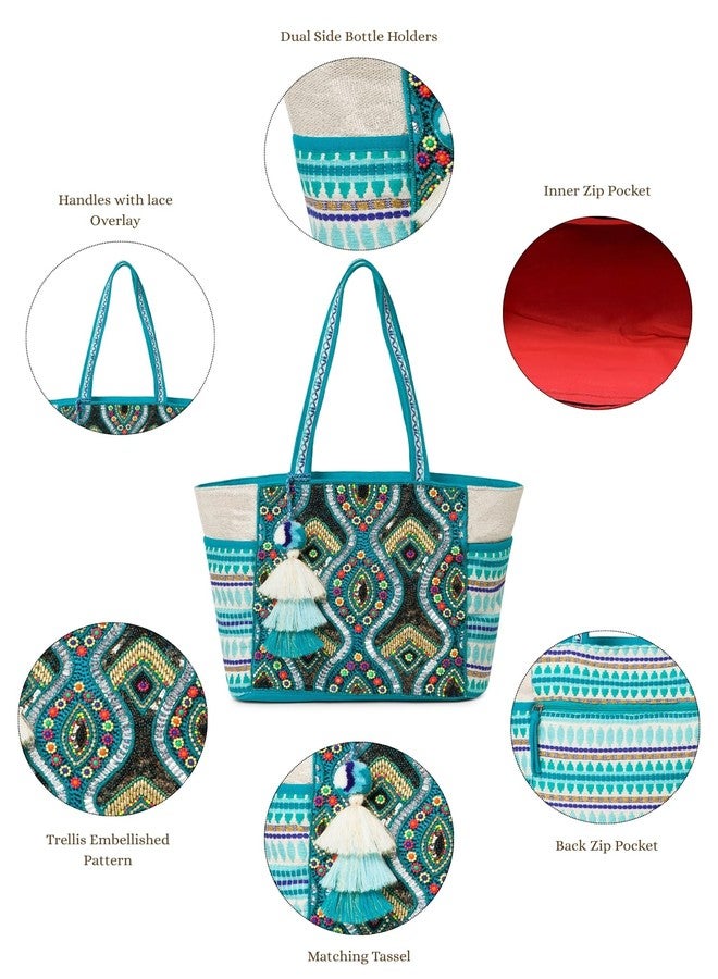 Anekaant BohoTeal & Multicolour Embroidered Tote with Tassel | Women’s Stylish Shoulder Handbag | Canvas Bag for Shopping & Travel - Image 3